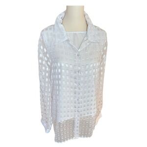 Voir Collection Womens White Sheer Geometric Grid Button Down Shirt Camisole 3X